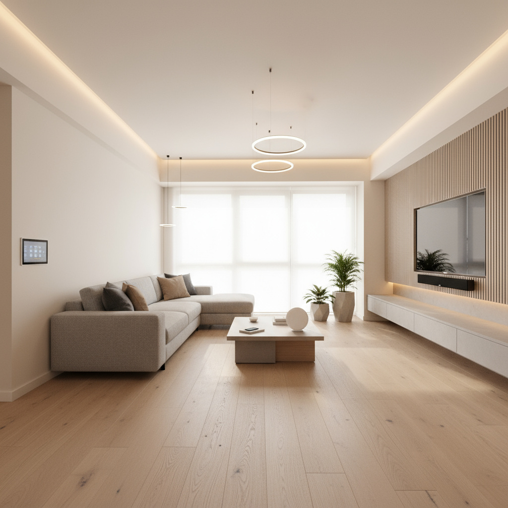 Salón moderno con iluminación inteligente instalada por Domiva