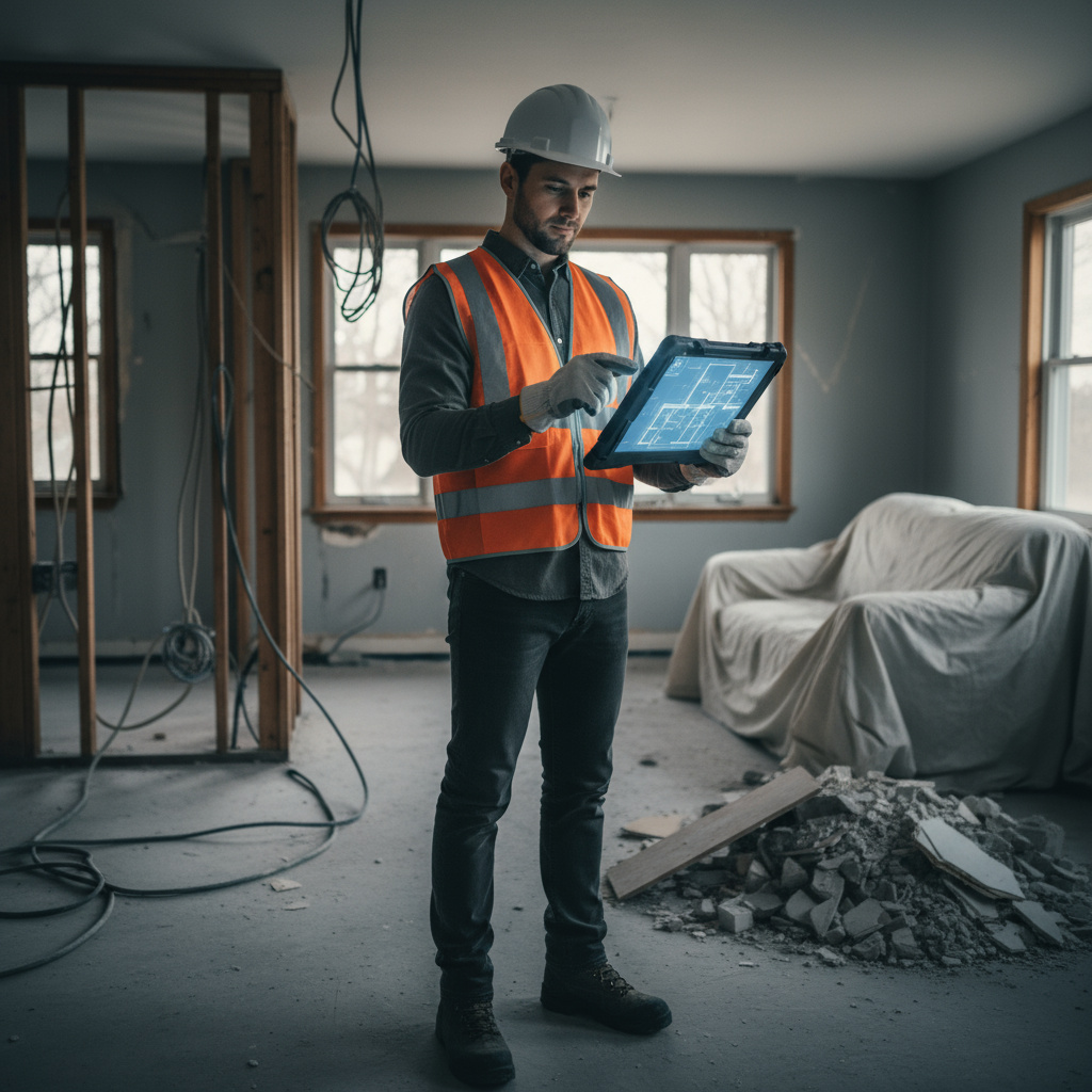 Técnico revisando planos en una obra de reforma