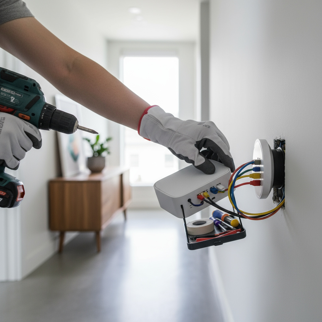 Técnico configurando un sistema de hogar inteligente